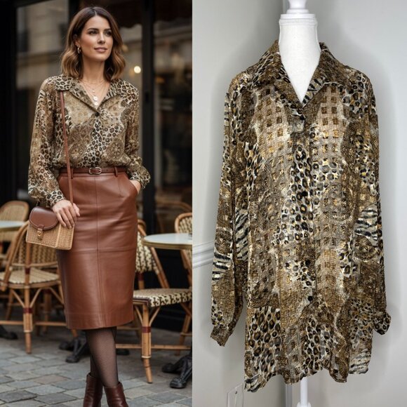 Vintage D’Allaird's Animal Print Sheer Blouse XL - Picture 1 of 13